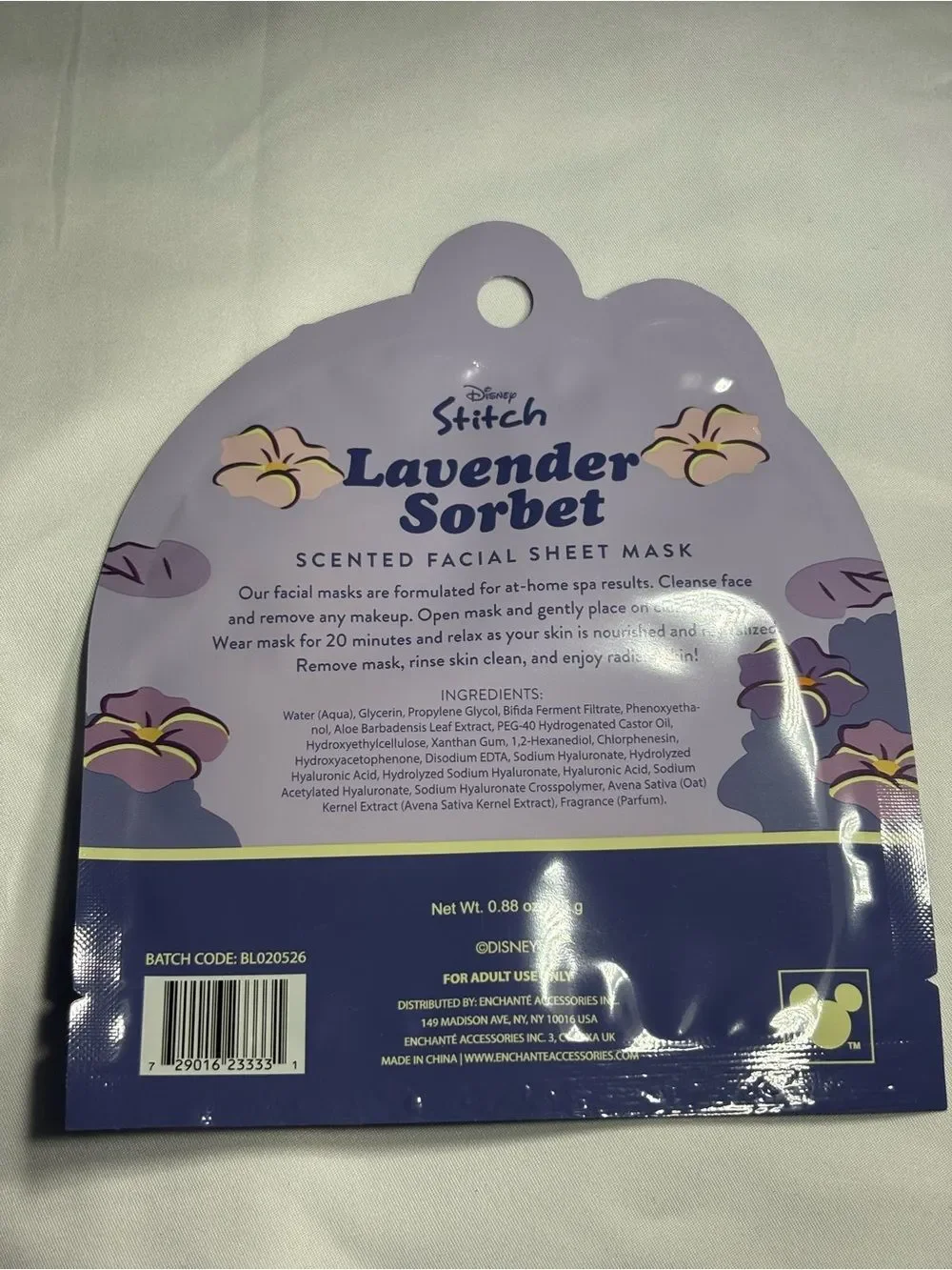 3 New Disney Stitch Lavender Sorbet Scented Facial Sheet Mask